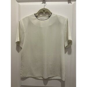 Kasper Top Size 10 Shell Cream W/ Black Trim Short Sleeves 1 Button Layering